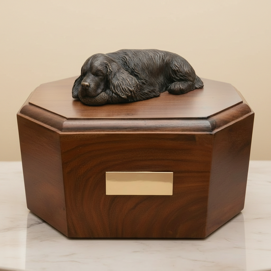 Wooden urn with a bronze springer spaniel dog figurine on top, set against a blurred green background.