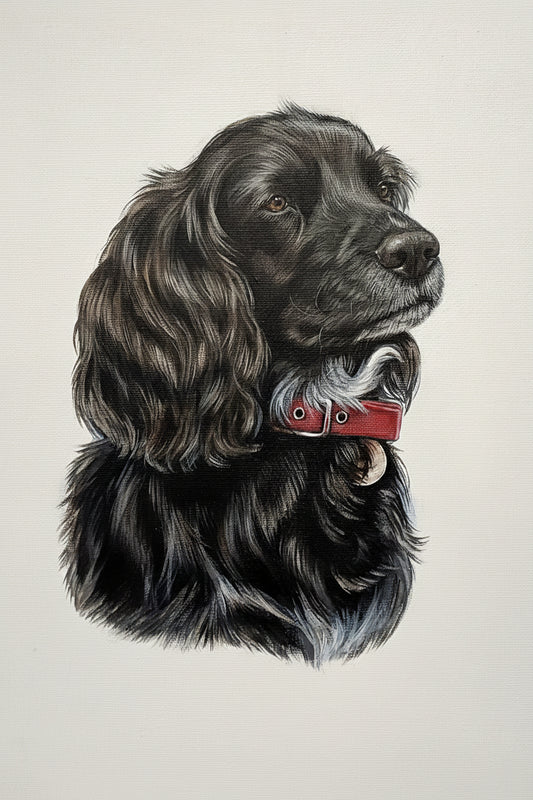Detailed illustration of a black cocker spaniel dog with a red collar on a light beige background