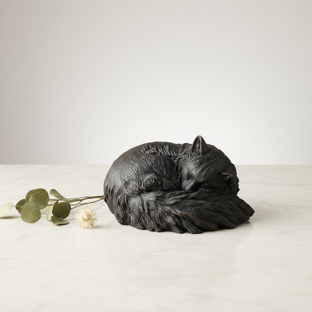 Gray cat figurine on a wooden surface with a plant and artwork in the background