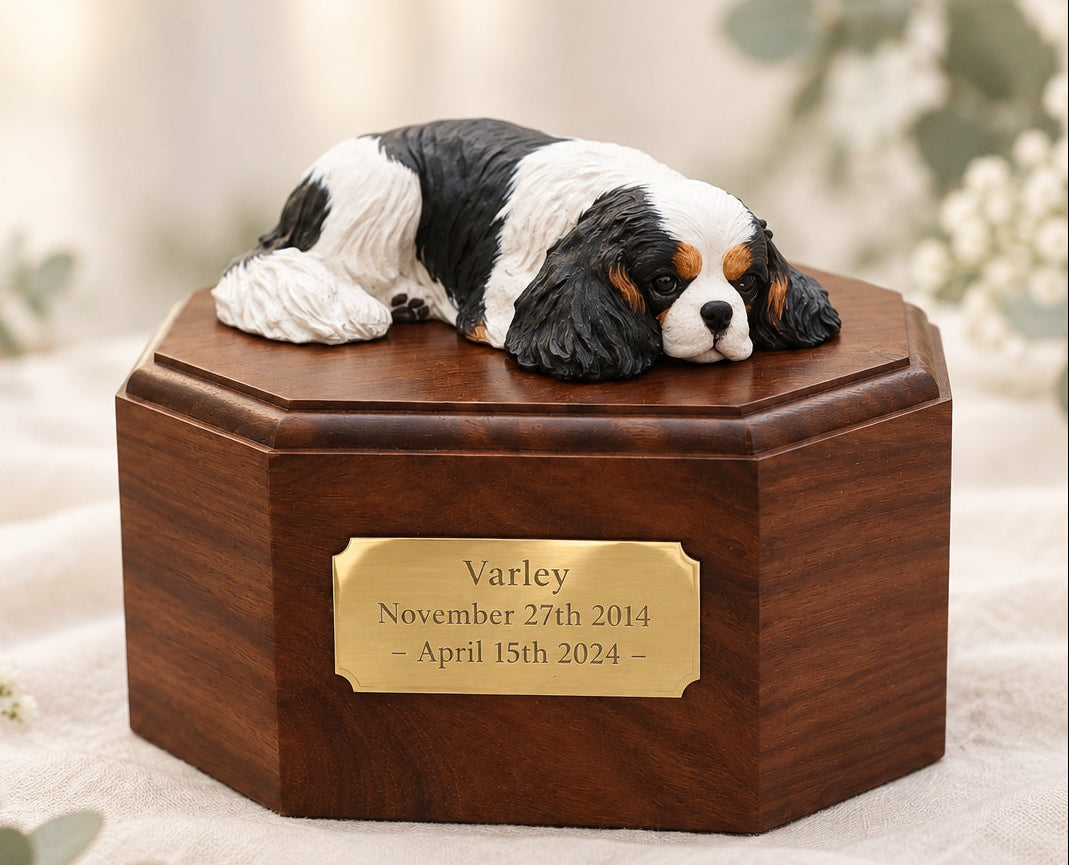 A wooden memorial urn shaped like a sleeping black-and-white dog, placed on a patterned tablecloth with a potted plant in the background.